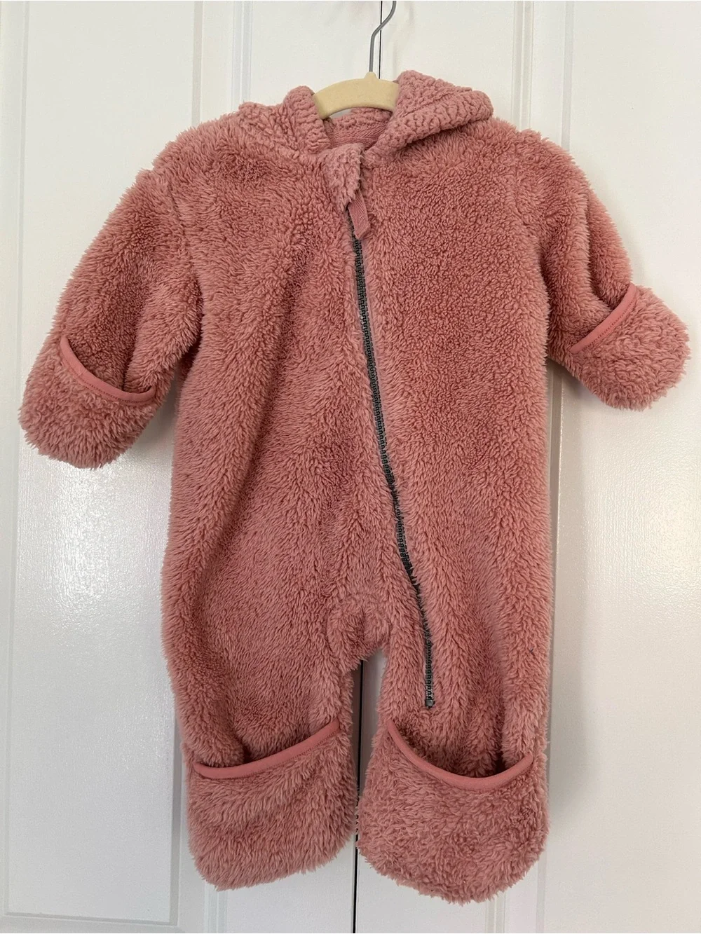Hanna Andersson 3-6 months teddy bear hooded pink bunting fleece snowsuit winter